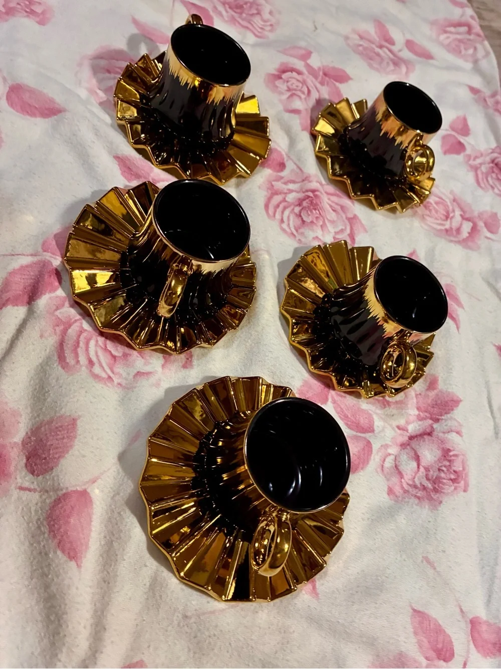 Luxury 5-Piece Black & Gold Ceramic Espresso / Demitasse Cup and Saucer Set
